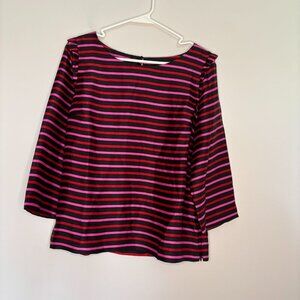 RSVP by TALBOTS 10 Petite Striped Silky Top Ruffle Keyhole Black Red Pink